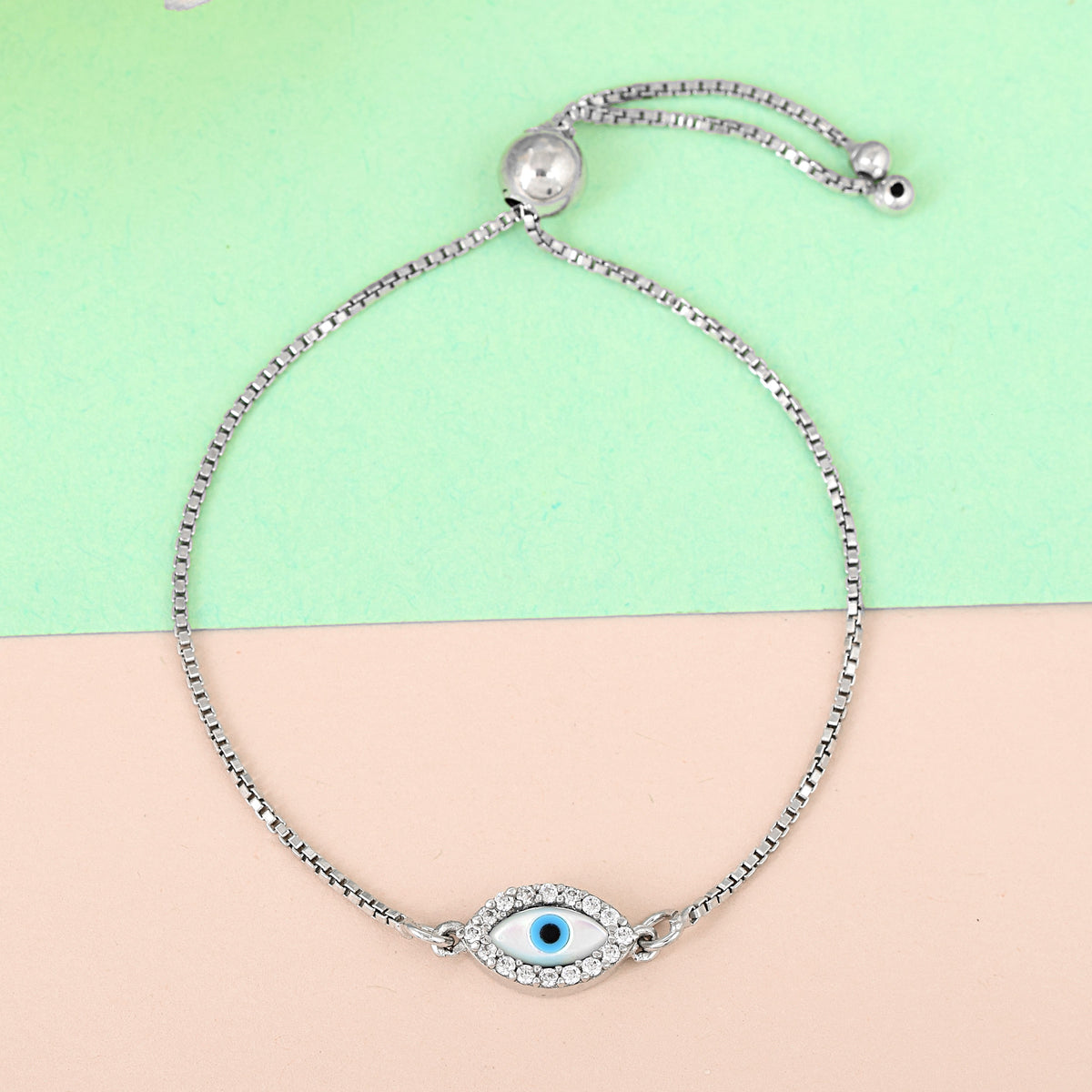 Pure Silver Eye Shaped Evil Eye Chain Bracelet- Silver finish