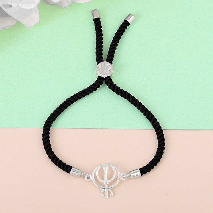 Pure Silver Black Rope Khanda Bracelet