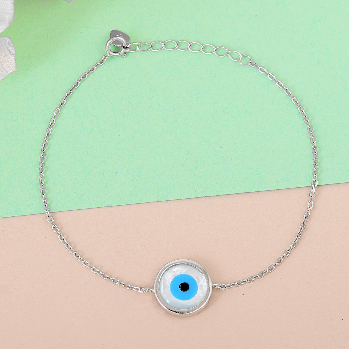 Pure Silver Disc Evil Eye Chain Bracelet- Silver finish