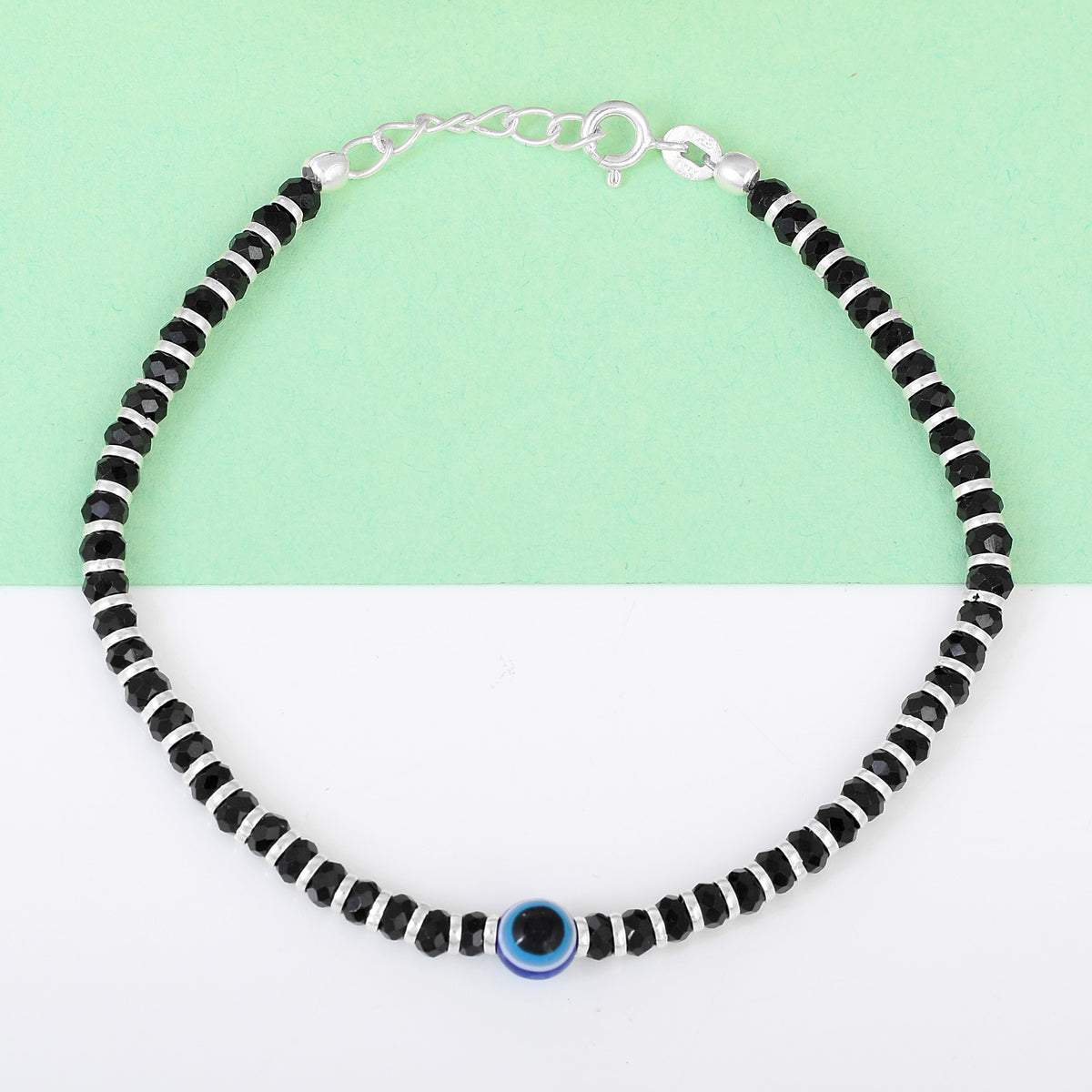 Pure Silver Black Bead Evil Eye Charm Anklet