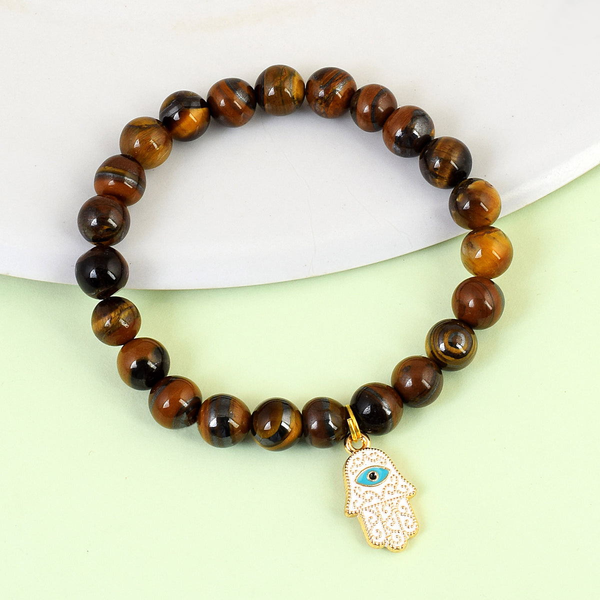 White Hamsa Brown Bead Bracelet