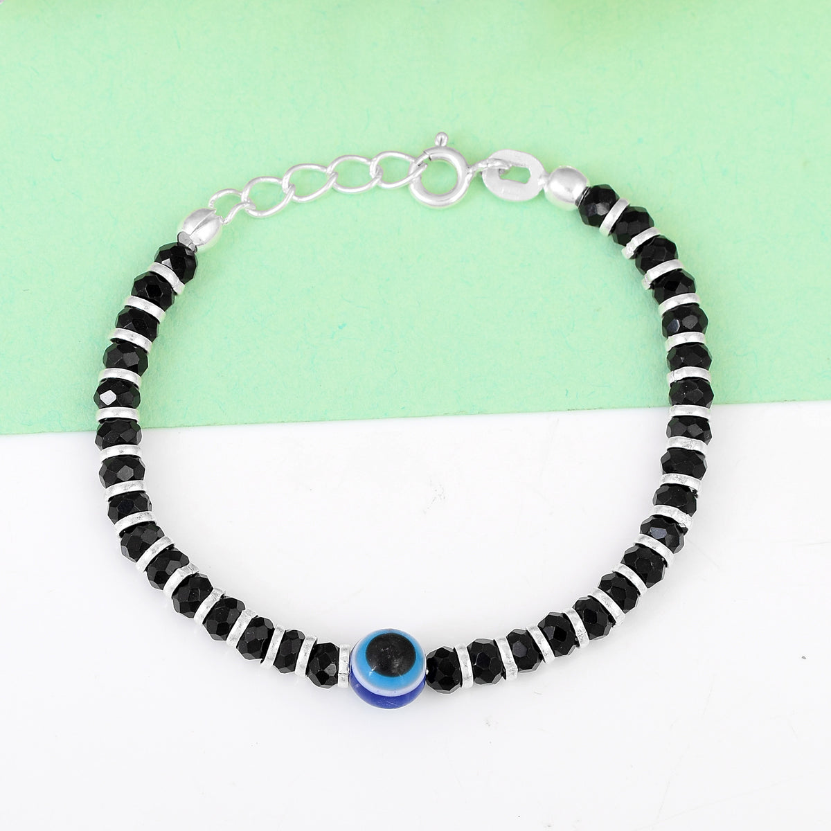 Pure Silver Black Bead Evil Eye Charm Bracelet/Anklet (Kids)