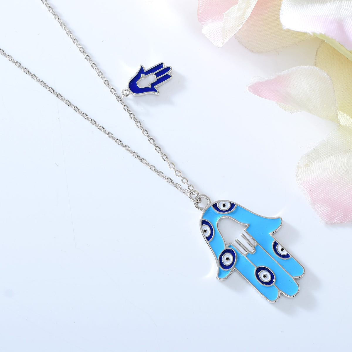 Pure Silver Enamel Twin Hamsa Evil Eye Necklace