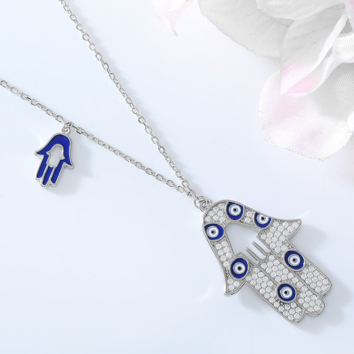 Pure Silver Swarovski Twin Hamsa Evil Eye Necklace