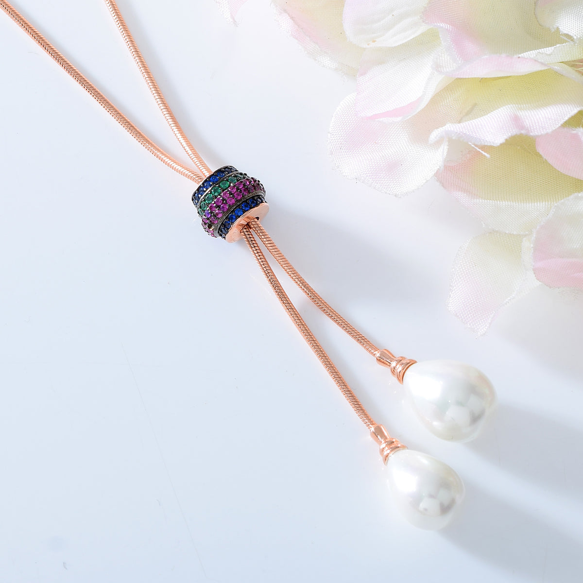 Pure Silver Twin Pearl Drop Rose Necklace