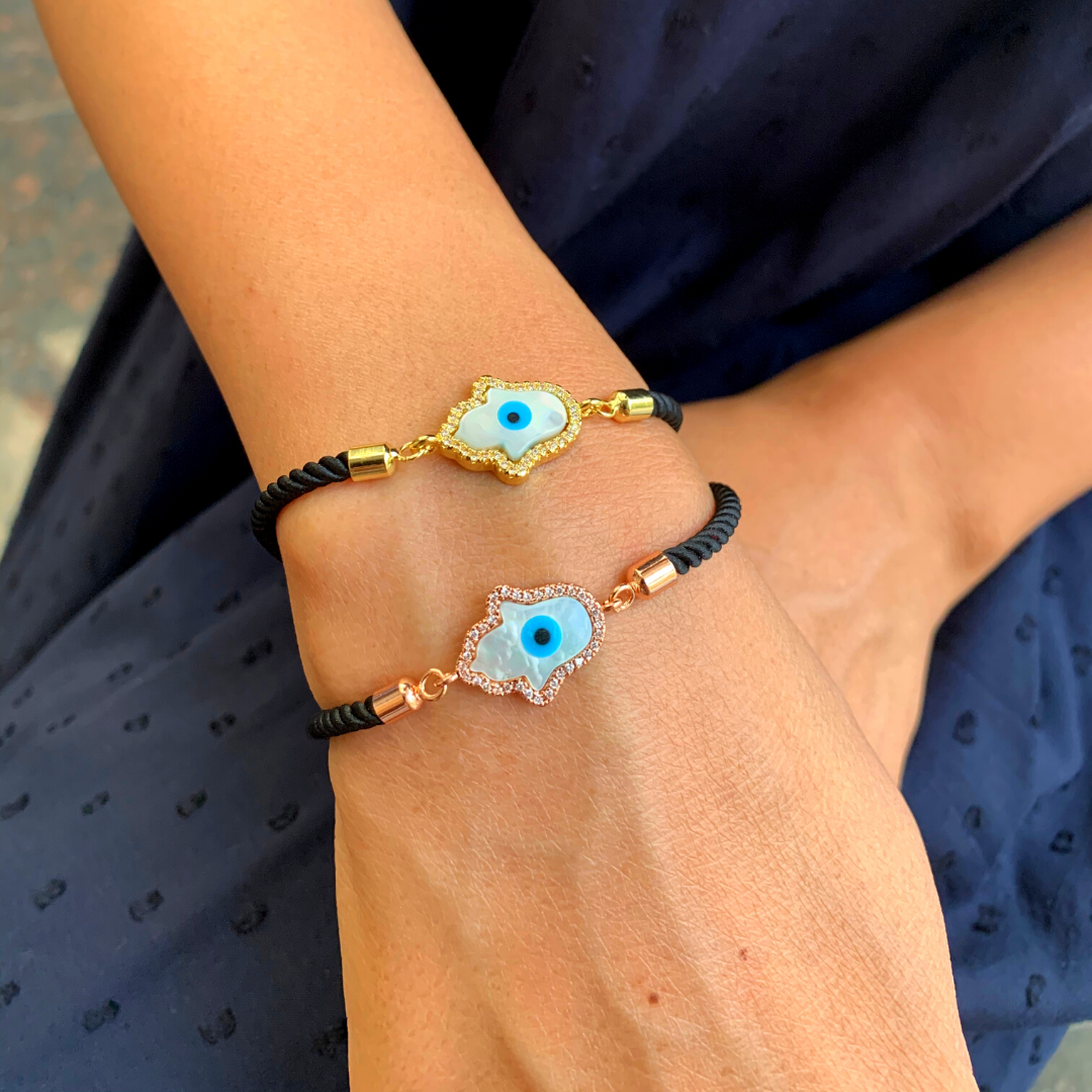 Rose Hamsa Evil Eye Black Rope Bracelet
