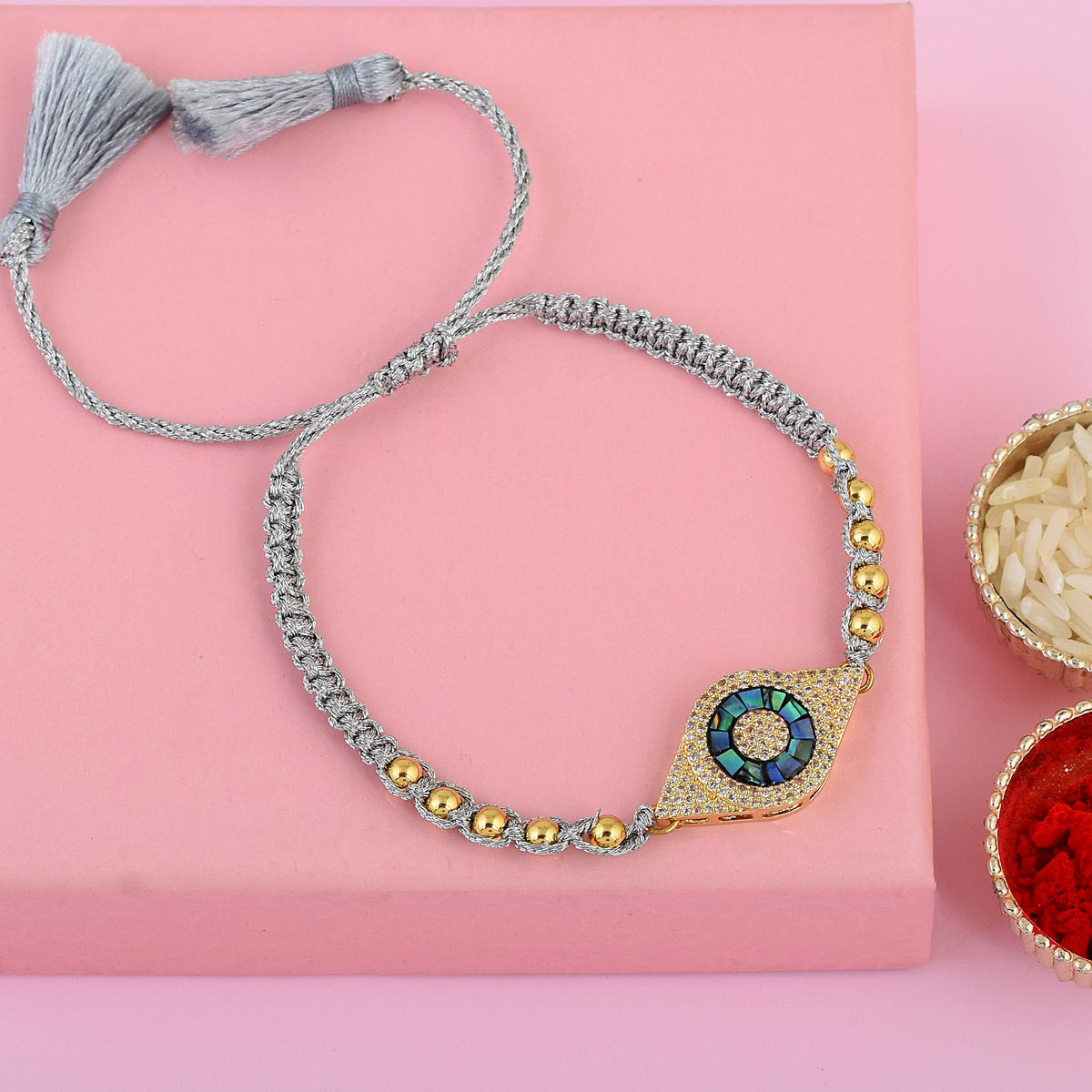 Gold Beaded Turquoise Evil Eye Grey Rope Bracelet