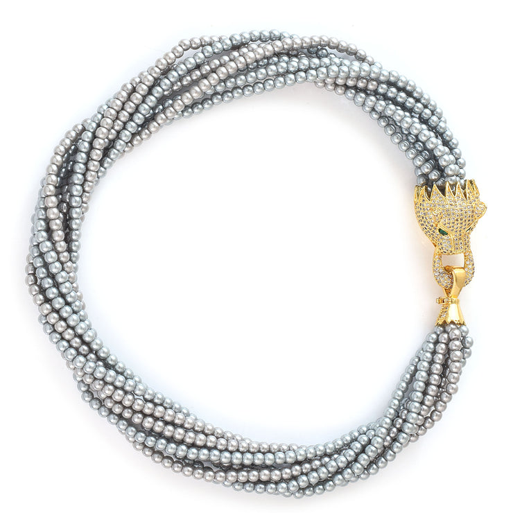 Leopard Head Grey Pearl Necklace