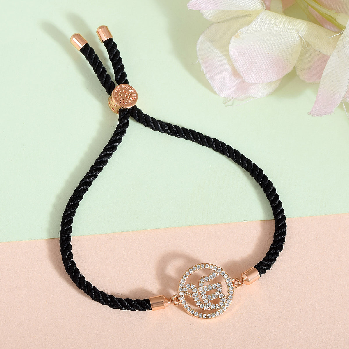 Ek Onkar Black Rope Bracelet- Rose Gold Finish