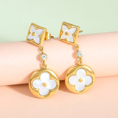Gold and White Flower Drop Earrings