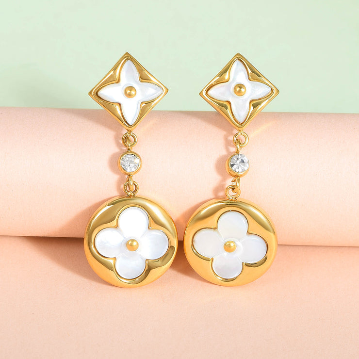 Gold and White Flower Drop Earrings