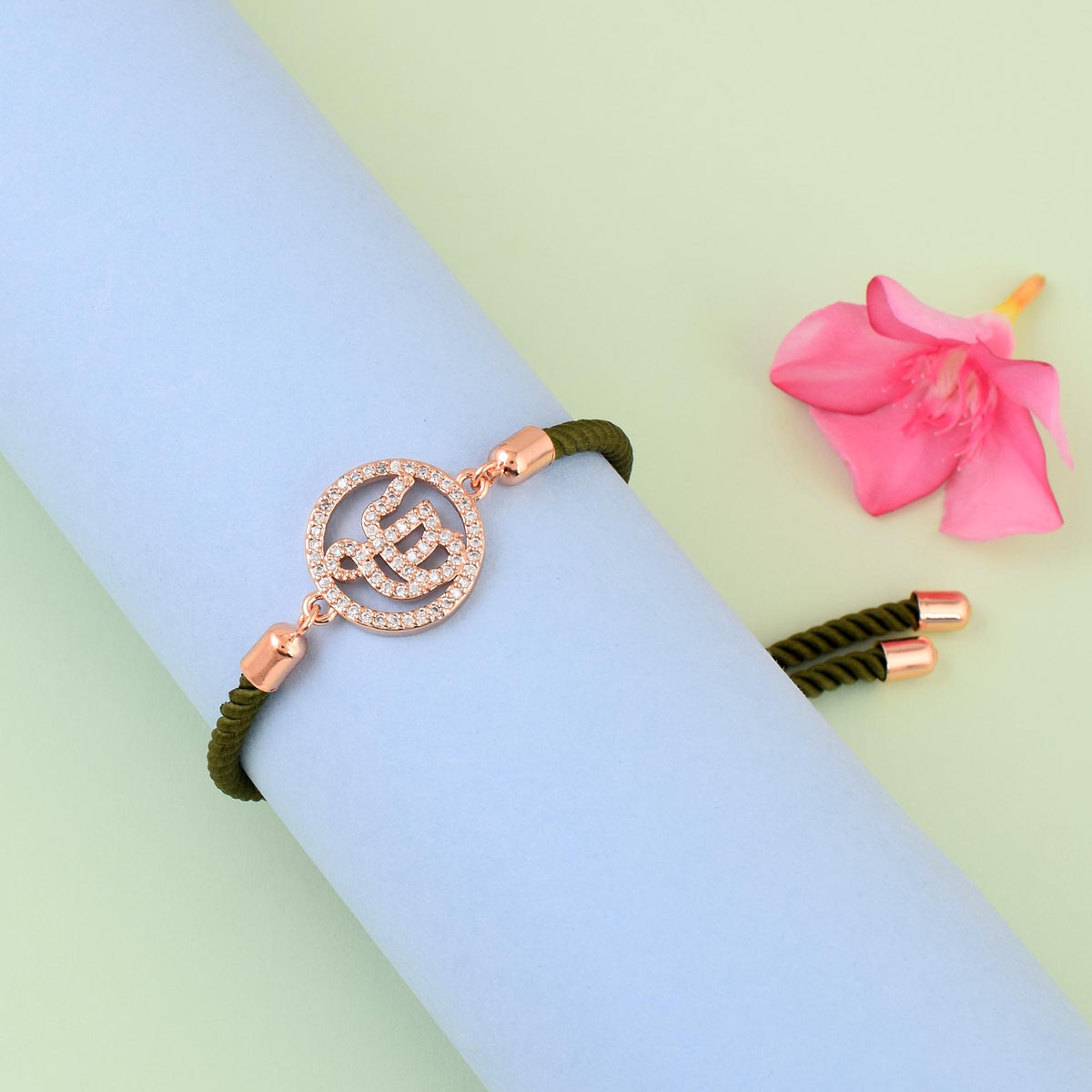 Ek Onkar Green Rope Bracelet-Rose Gold finish