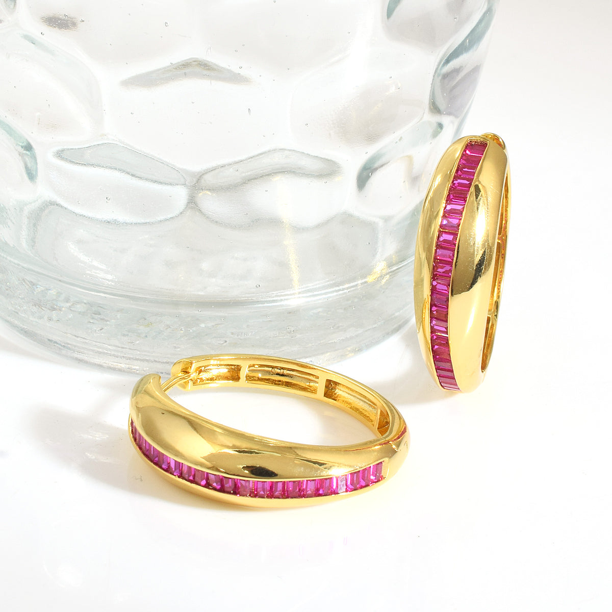 Red Baguette Gold Hoop Earrings
