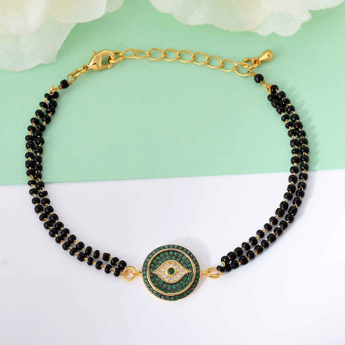 Mangalsutra Beaded Stone Evil Eye Bracelet (Green)