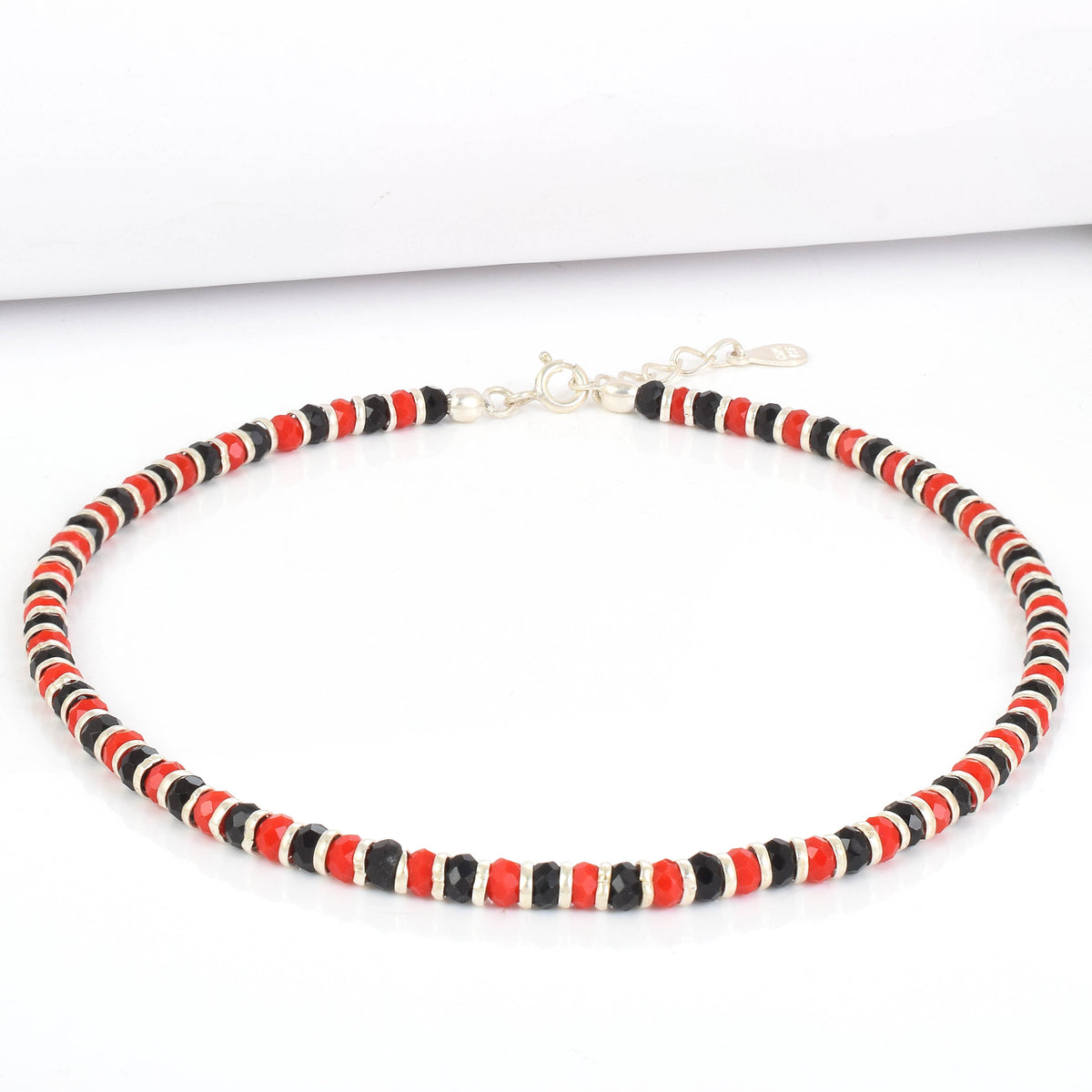 Pure Silver Red and Black Bead  Anklet