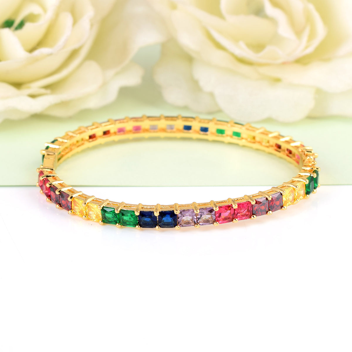 Multi Colored Gem Bangle-Gold Finish