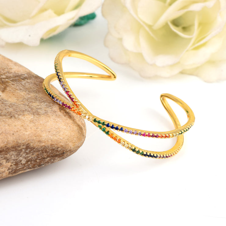 Criss-Cross Multi Colored Gem Bangle-Gold Finish