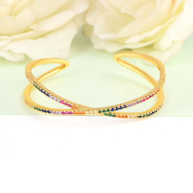 Criss-Cross Multi Colored Gem Bangle-Gold Finish