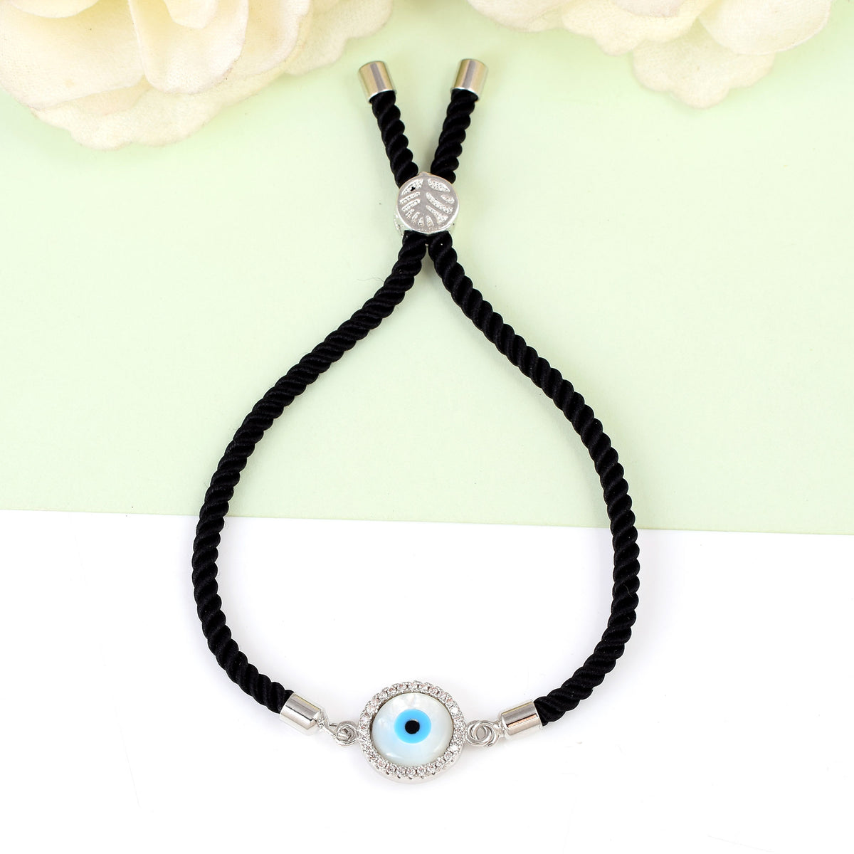 Men Silver Round Evil Eye Black Rope Bracelet