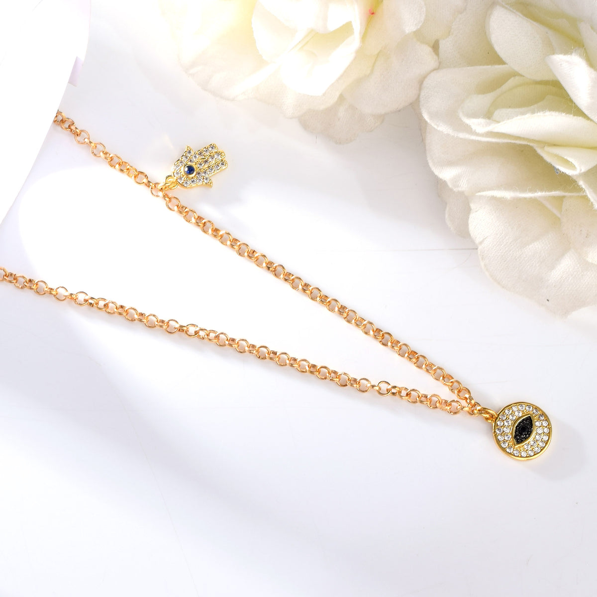 Round Evil Eye with Hamsa dropping necklace