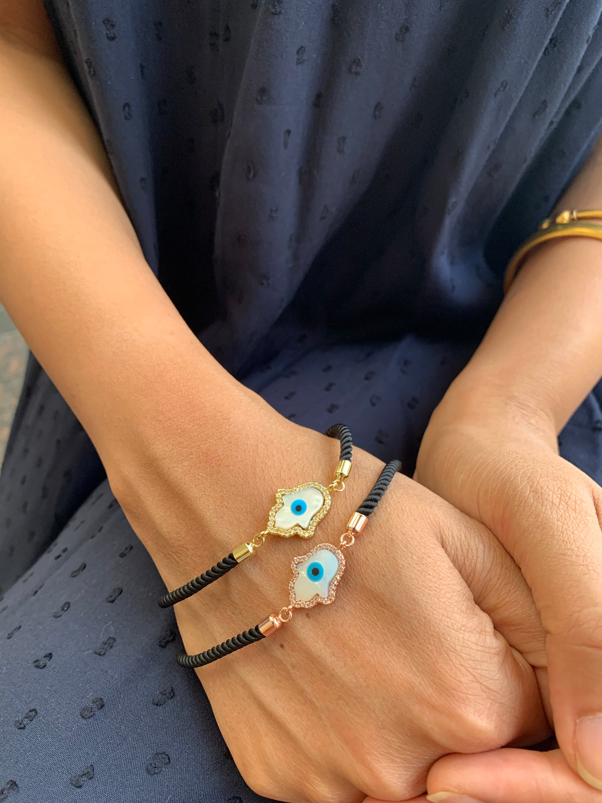 Gold Hamsa Evil Eye black rope bracelet