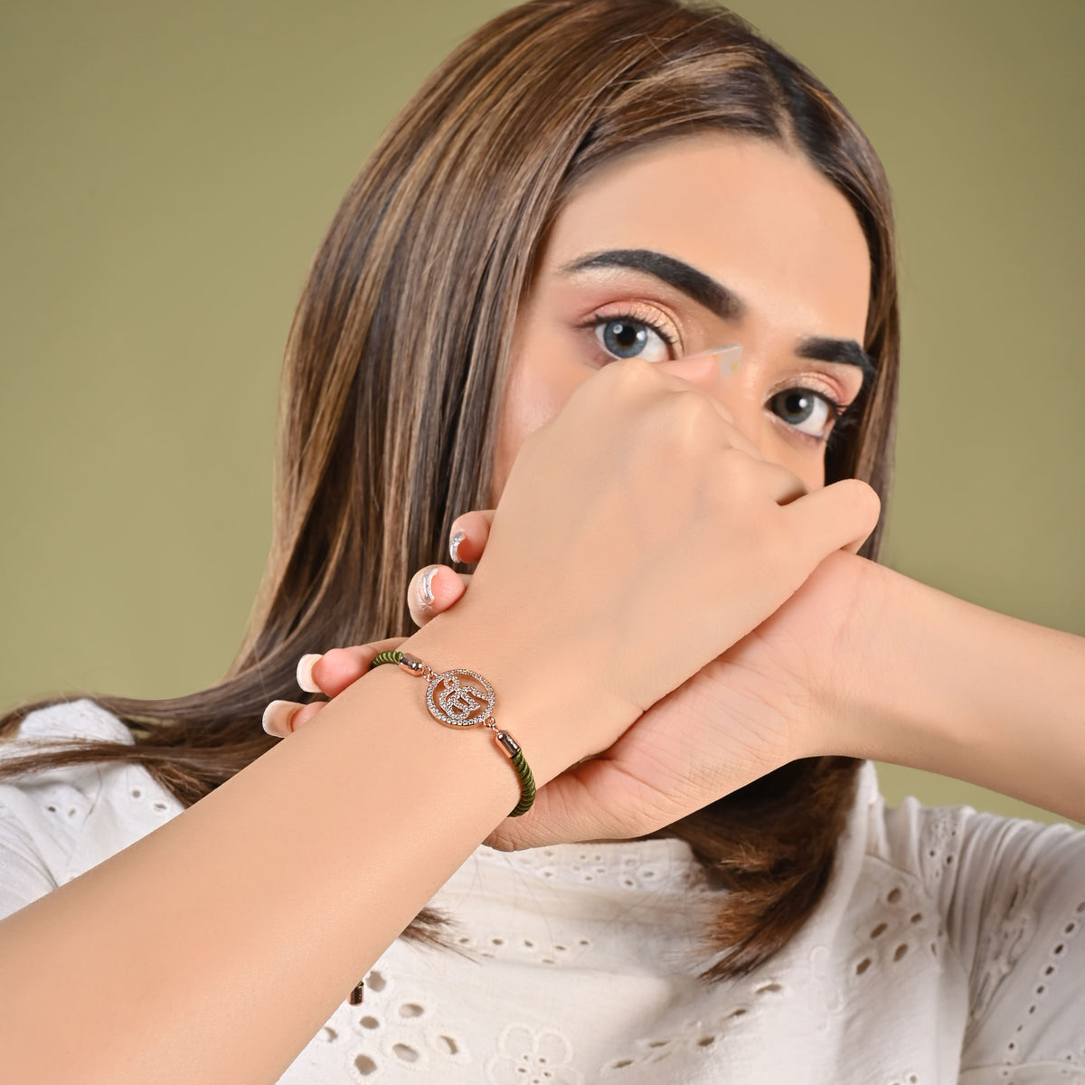 Ek Onkar Green Rope Bracelet-Rose Gold finish