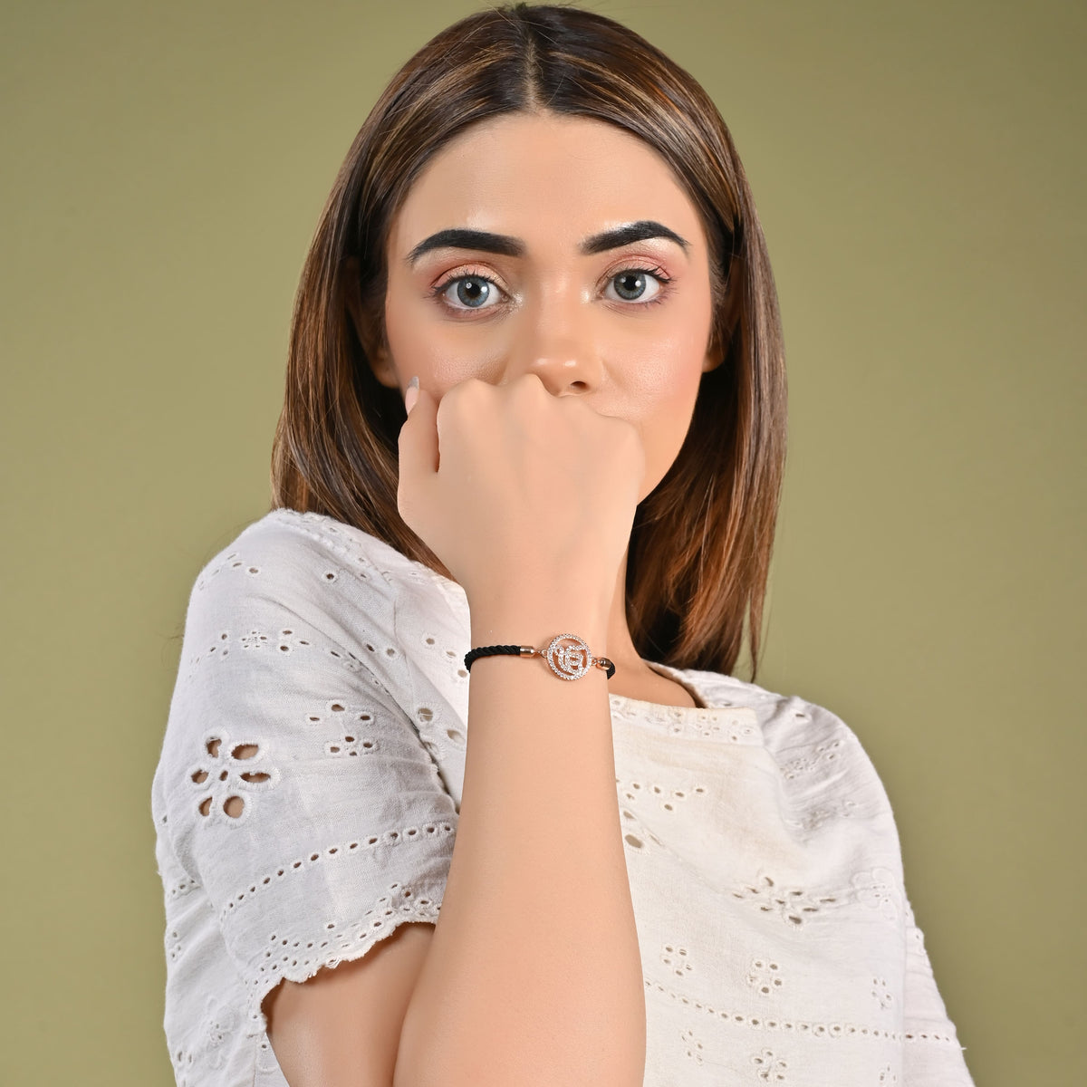 Ek Onkar Black Rope Bracelet- Rose Gold Finish