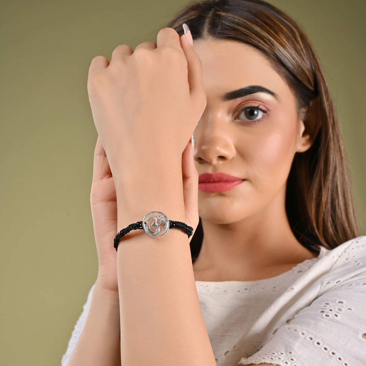 Pure Silver Om Beaded Black Thread Bracelet