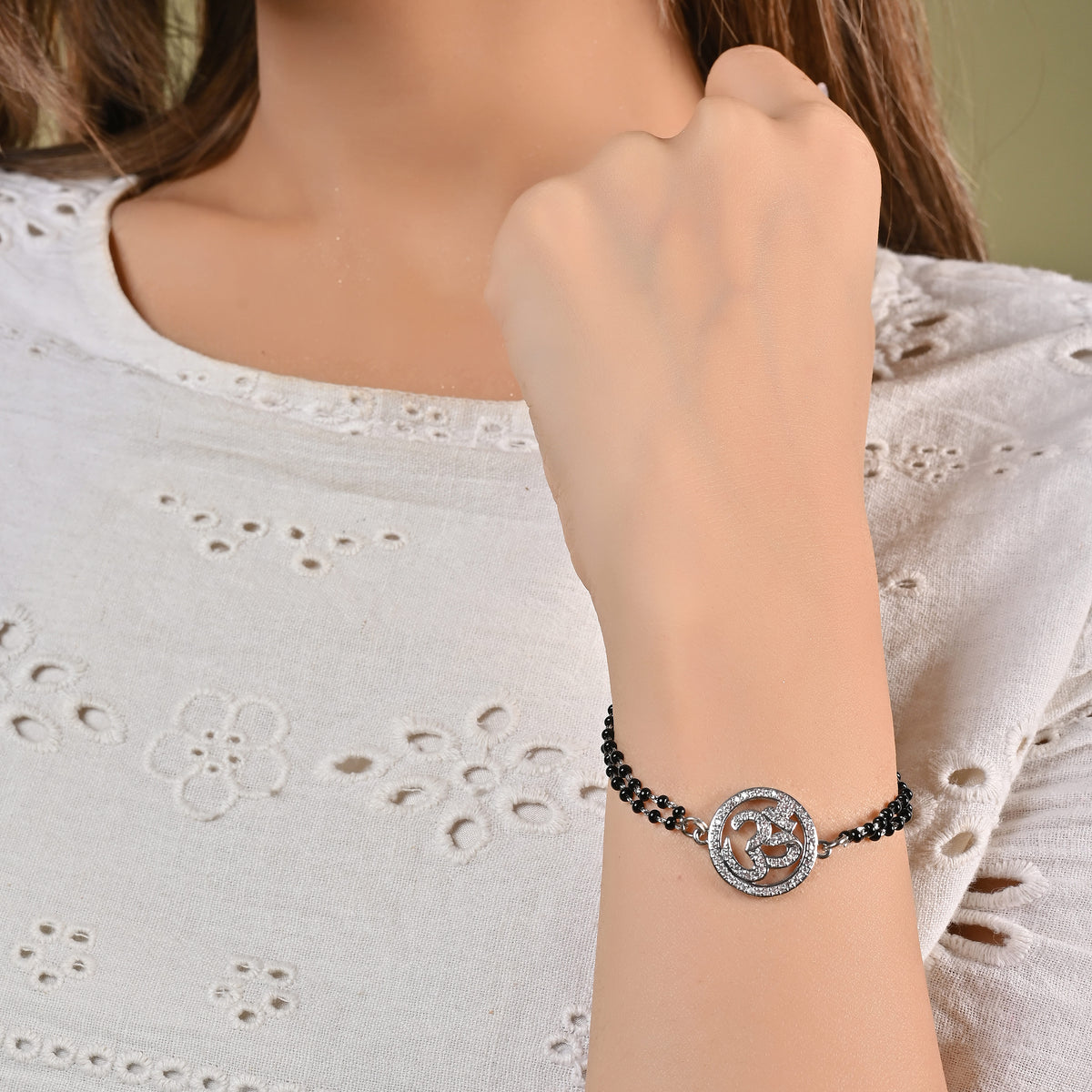 Silver Om Black Nazariya Bead Bracelet