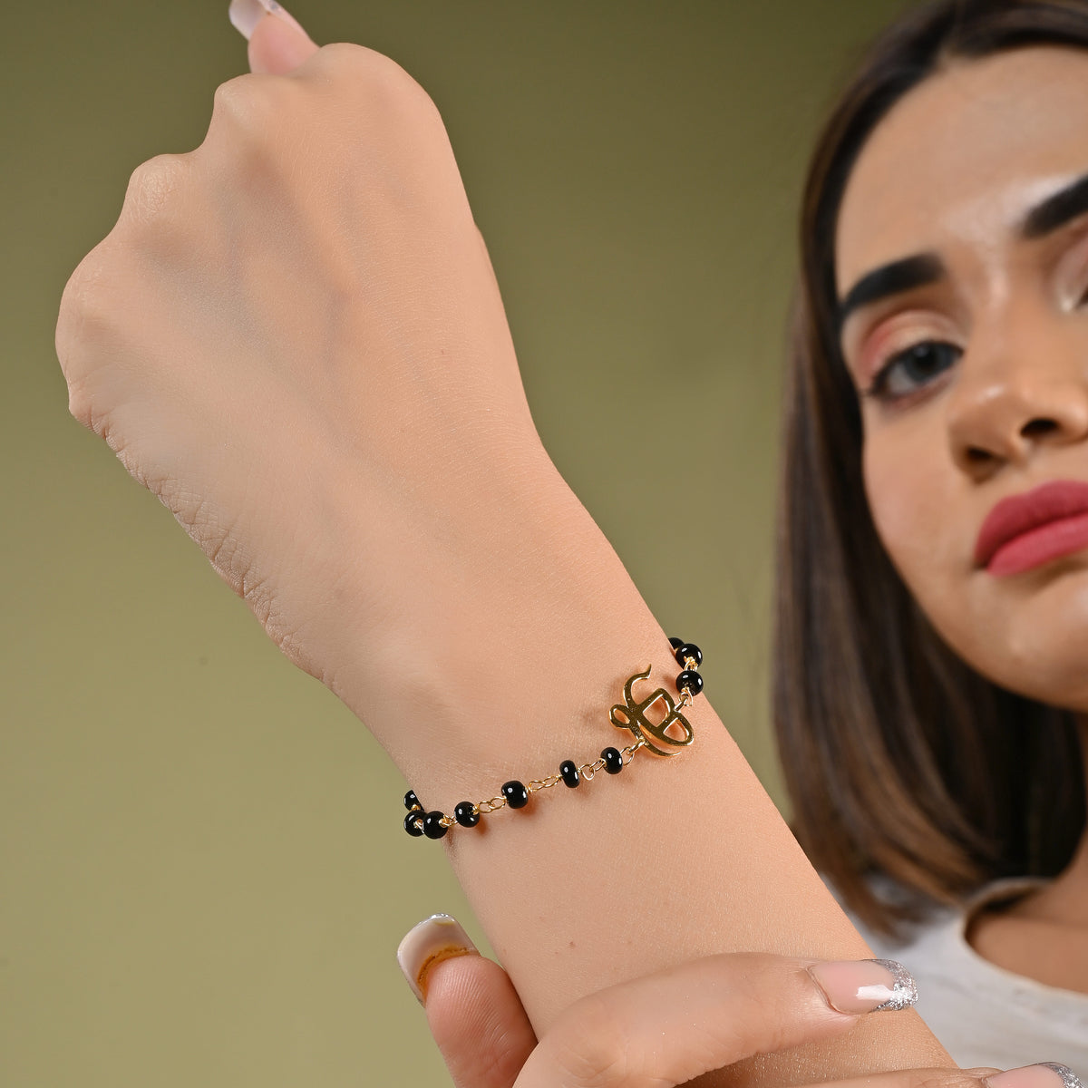 Pure Silver Ek Onkar Black Bead Bracelet