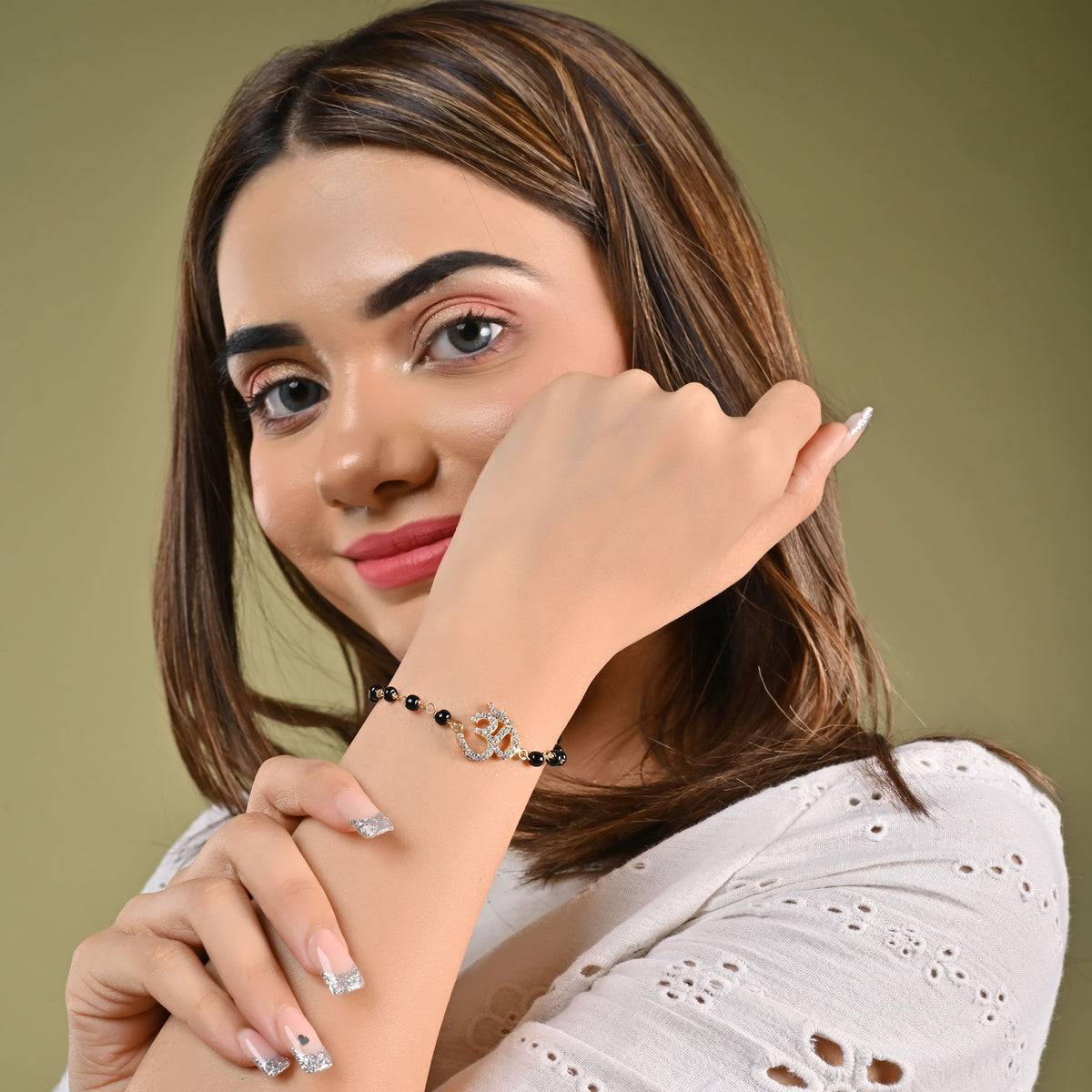 Pure Silver Om Swarovski Nazariya Bead Bracelet