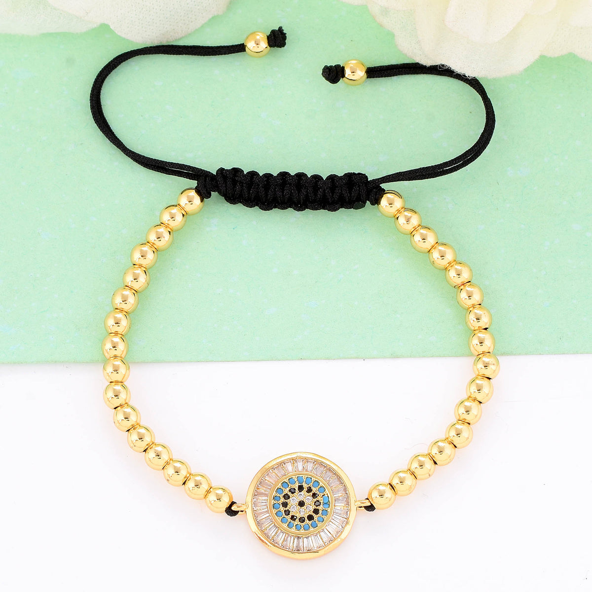 Gold Beaded Round Shaped Evil Eye Bracelet