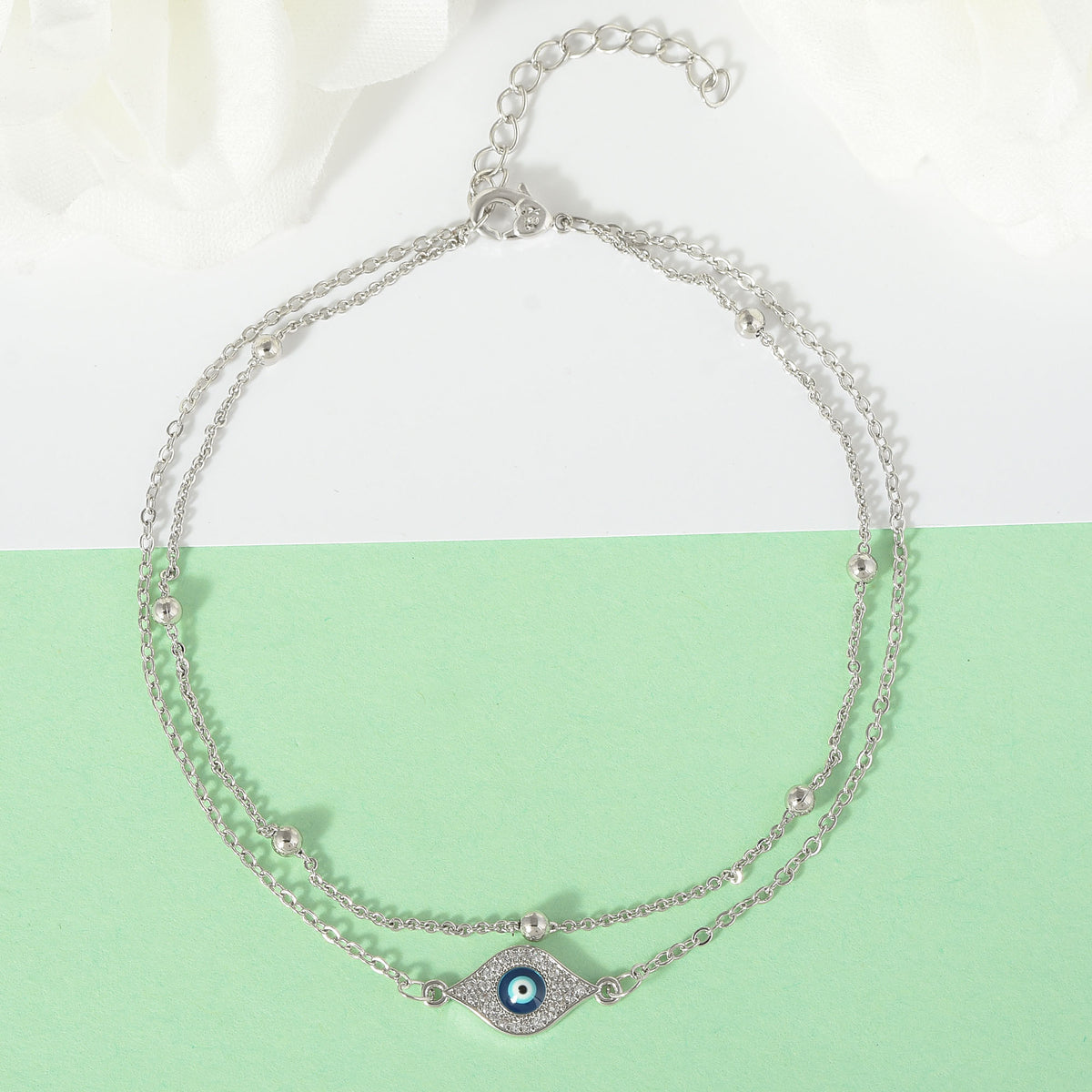 Silver Double Line Eye Charm Evil Eye Anklet