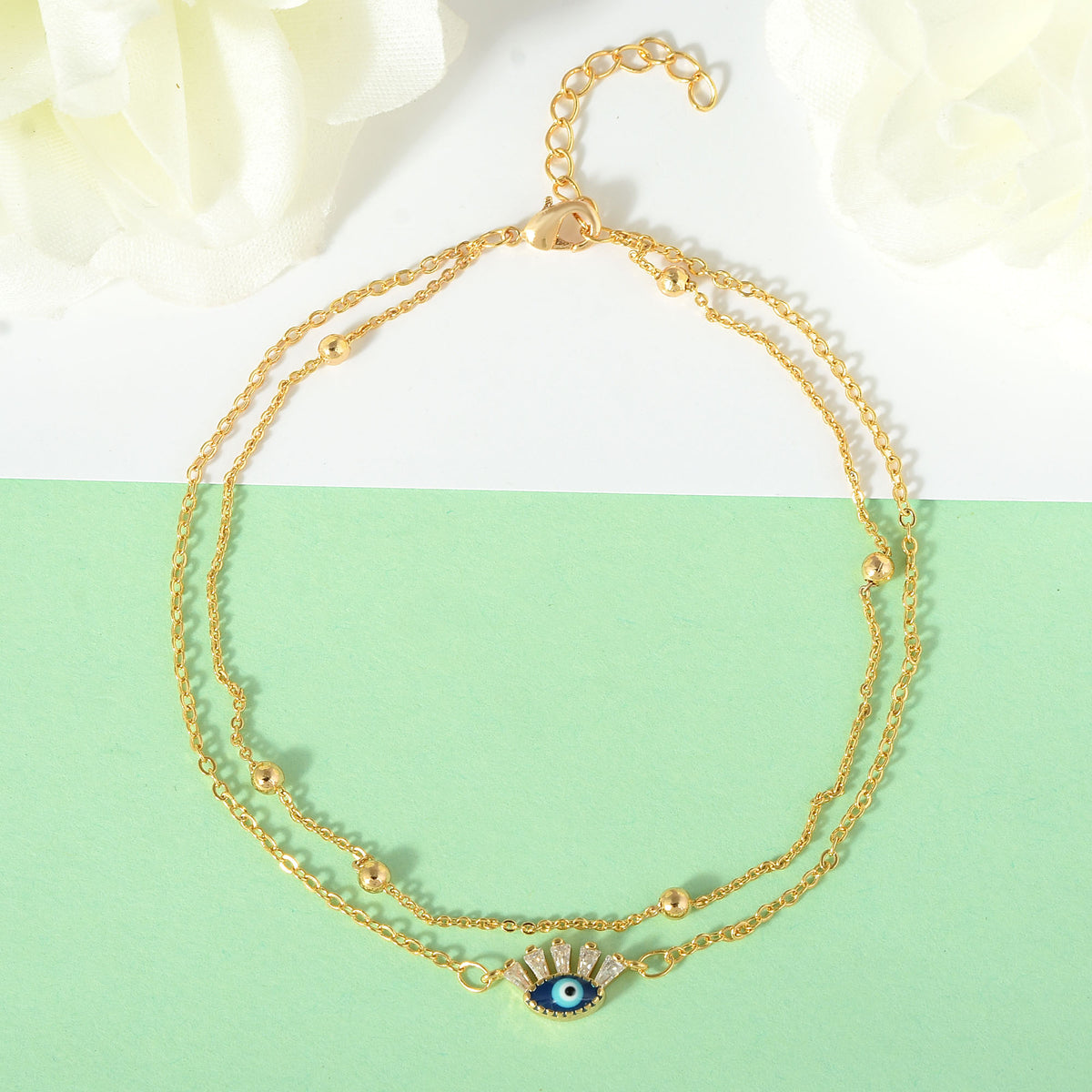 Gold Double Line Lash Eye Charm Evil Eye Anklet