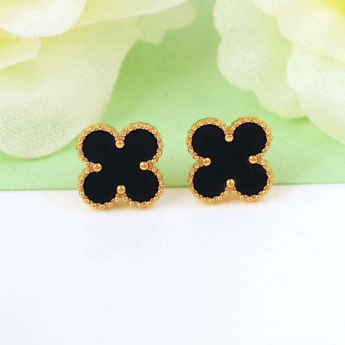 Black Flower Gold Earrings