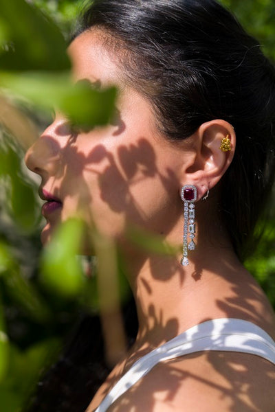 Red Stone Diamond Waterfall Earrings