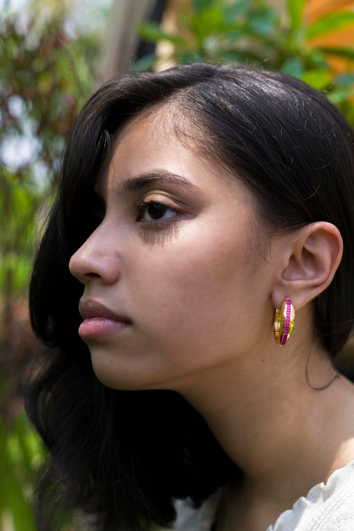 Red Baguette Gold Hoop Earrings